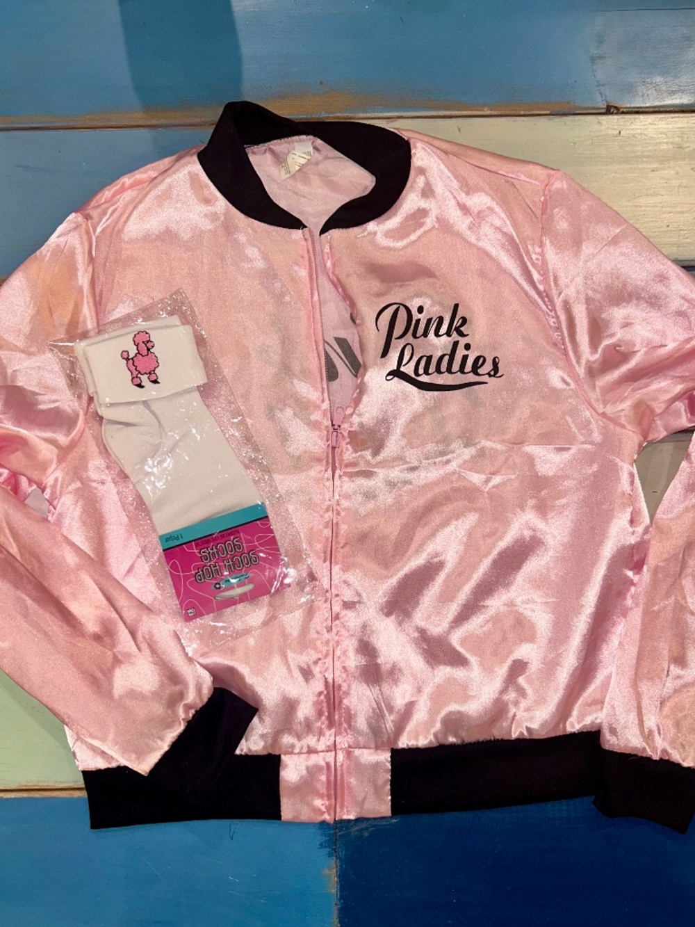 Pink Ladies Pink Satin Bomber Jacket Medium 50s Costume + Poodle Socks